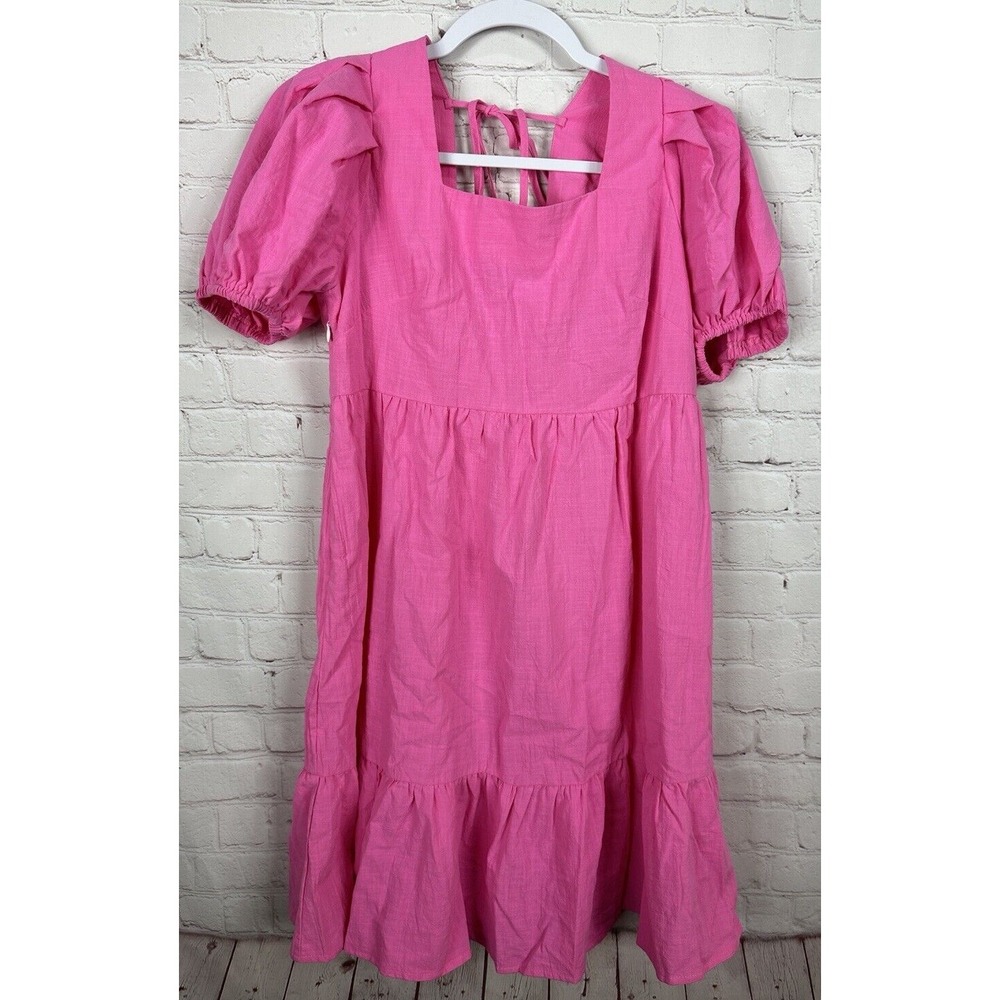 Shein Women's Square Neck Puff Sleeve Pink Tiered Cotton Dress Tie Back Sz M GUC